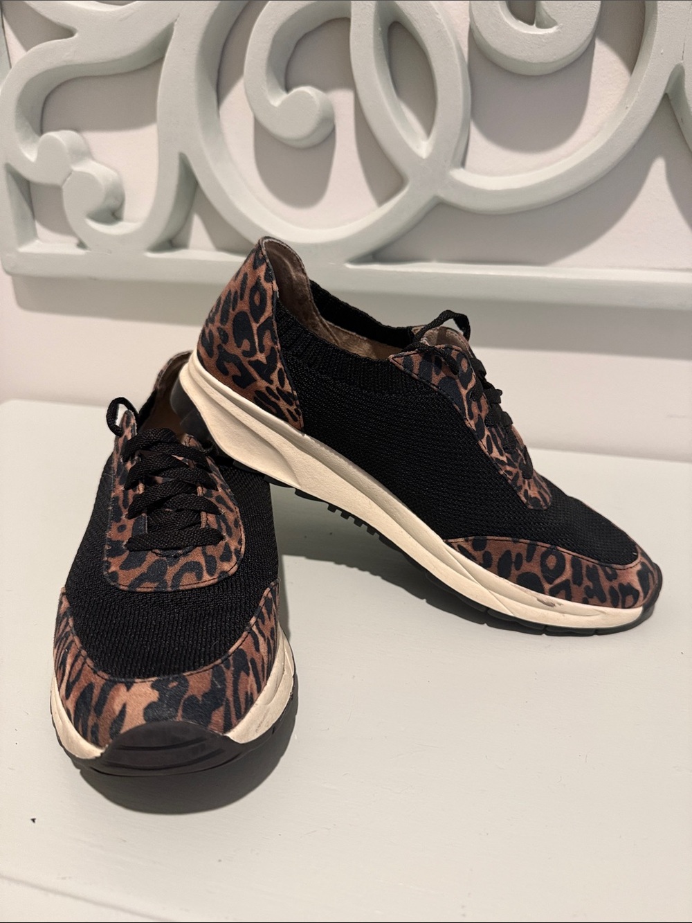 Naturalizer Leopard Accent Knit Lace-Up Sneakers in Black and Brown